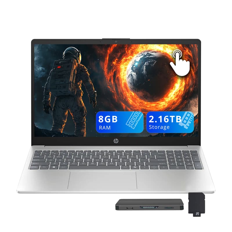 HP - 15.6" FHD Touchscreen Laptop,AMD Ryzen 5 7520U,8GB RAM,2TB SSD+160GB Dock Set,AMD Radeon Graphics,Win 11 - Silver