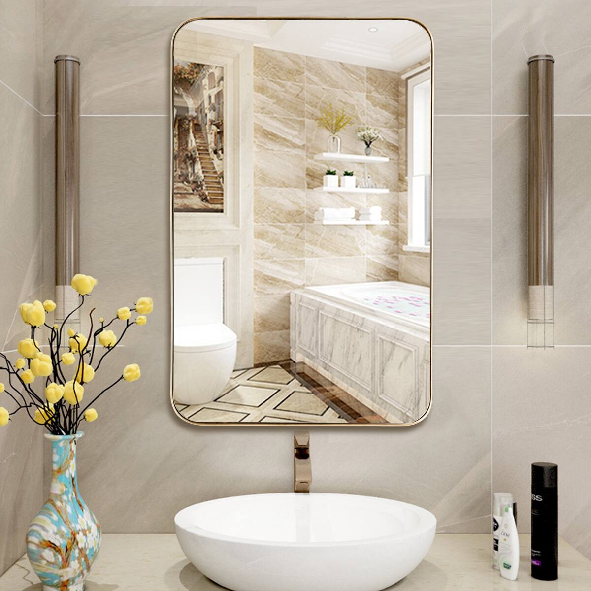 Alt View 1. Costway - Costway 32"x20" Wall-Mounted Rectangle Mirror Metal Frame Bathroom Entryway - Gold.