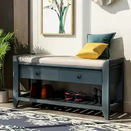 Ropilly - Entryway Storage Bench with Shoe Rack and Cushioned Seat, Pine Wood Hallway Bench - Antique Navy