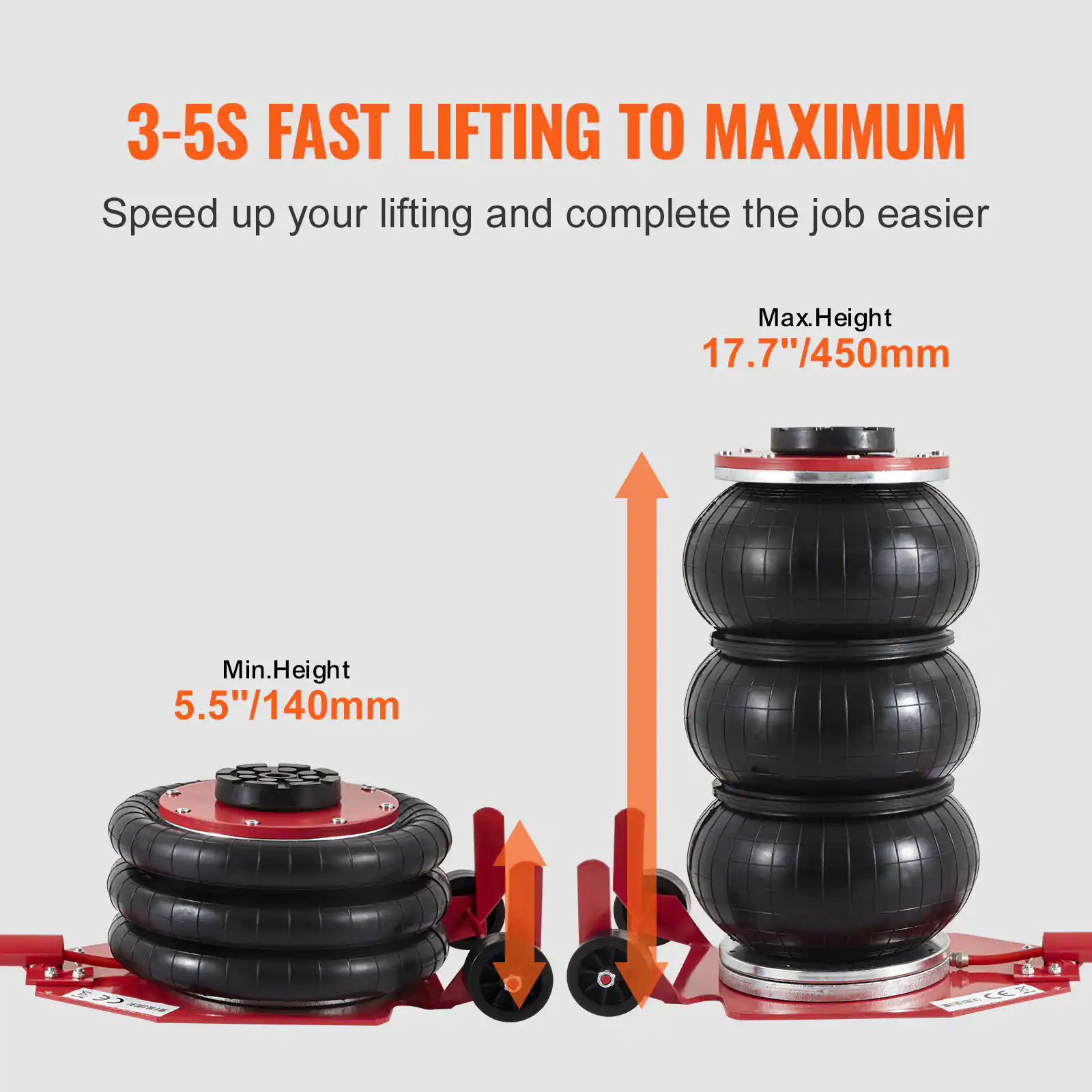 3-5S FAST LIFTING TO MAXIMUM  
Speed up your lifting and complete the job easier  
Max.Height 17.7"/450mm  
Min.Height 5.5"/140mm
