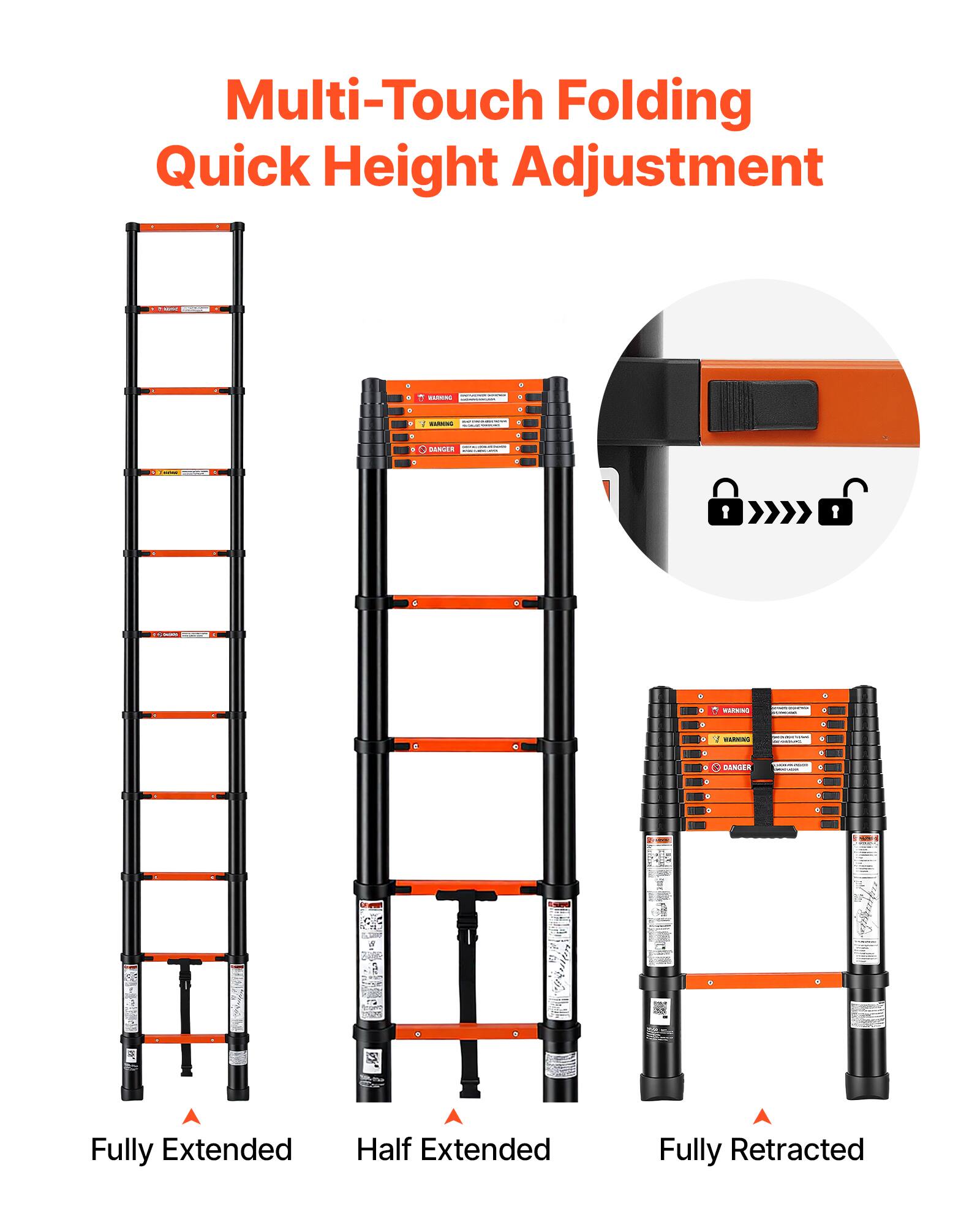 Multi-Touch Folding Quick Height Adjustment

WARNING

START 1

DANGER

C1 BANGER

e: 4 I. 6

WARNING

5 DANGER

e 0. 0

AGERVING

DANGER

a e 0

P 0

a

The Fully Extended

Half Extended

Fully Retracted