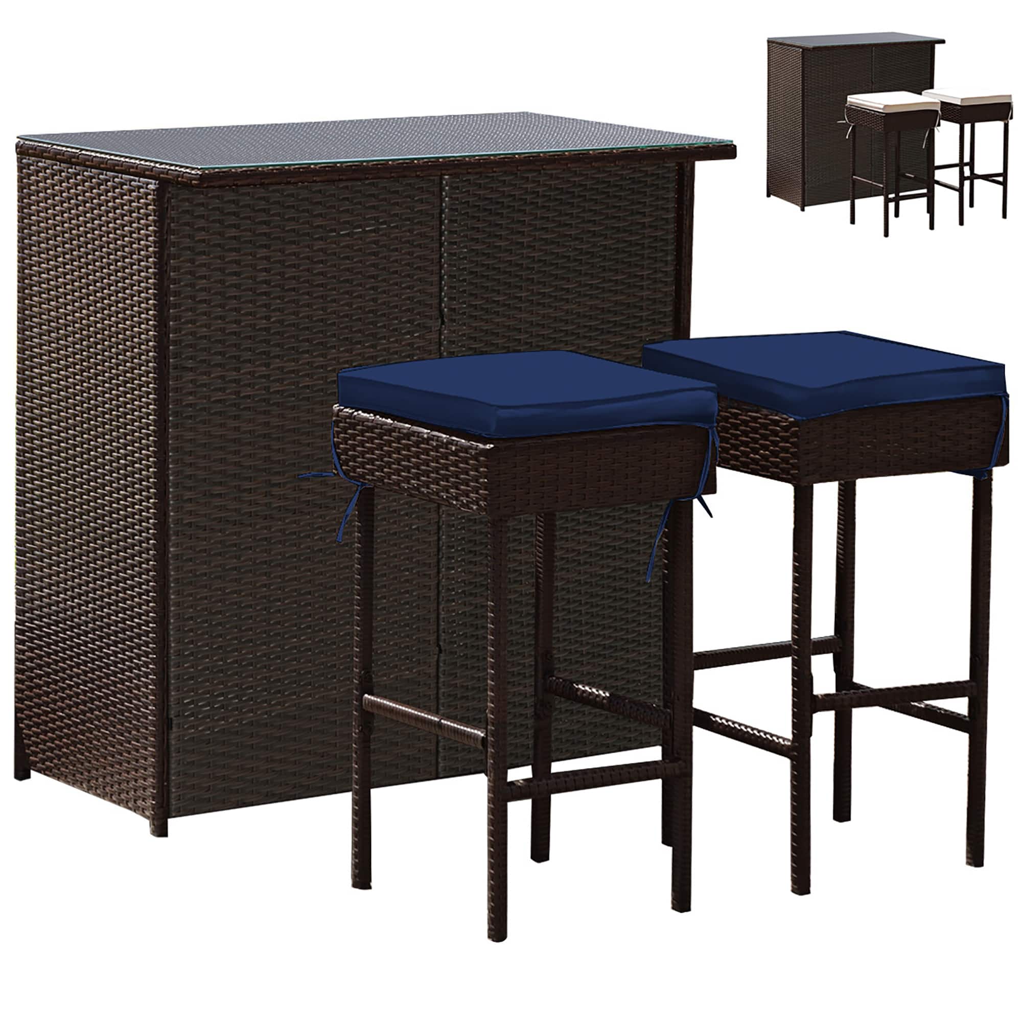 Front. Costway - 3PCS Rattan Bar Table Stool Set Cushioned Chairs with Cover - brown/navyy/off white.
