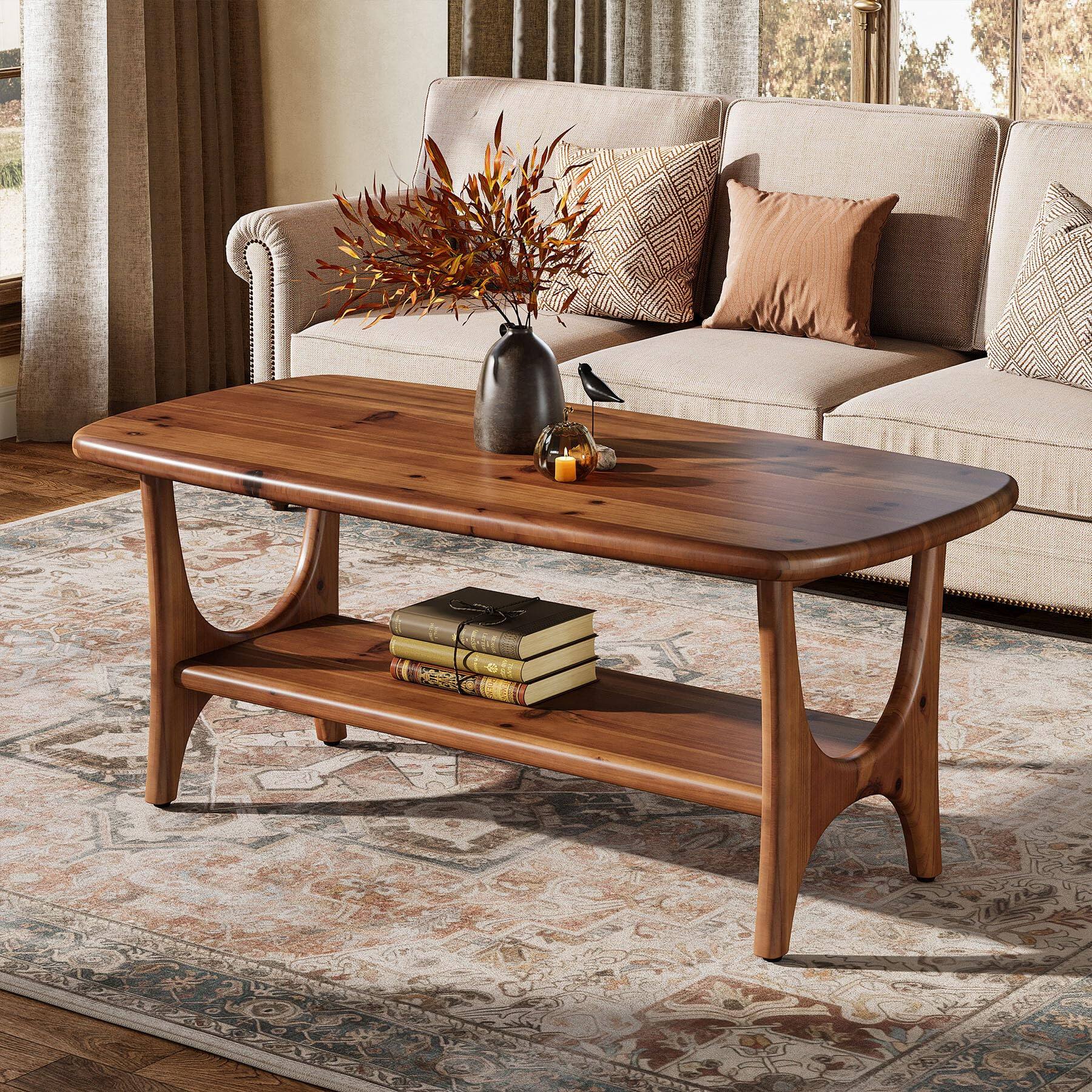 Back. Tribesigns - 47" Mid Century Modern Solid Wood Coffee Table, Walnut - Walnut.