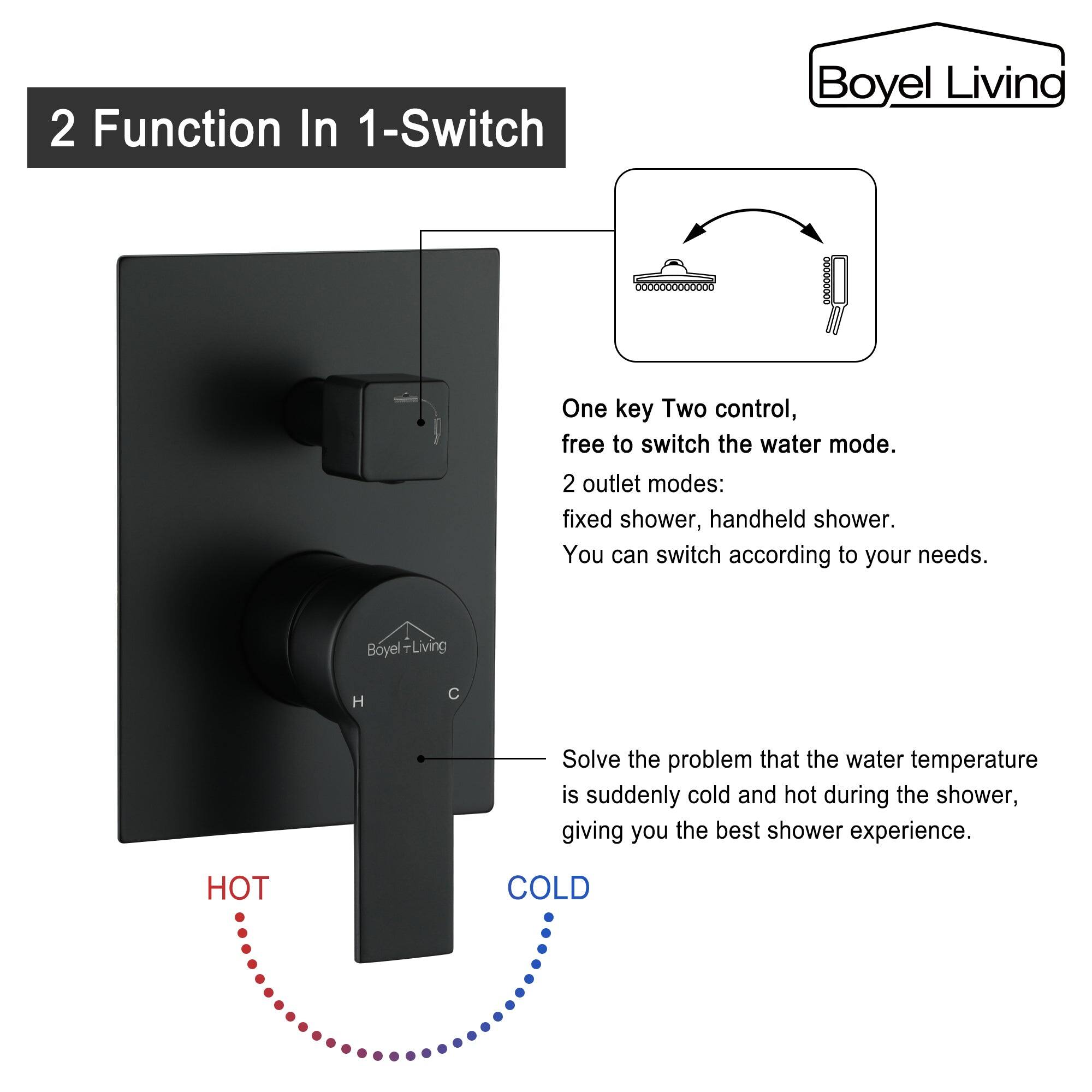 2 Function In 1-Switch
Boyel Living
One key Two control, free to switch the water mode.
2 outlet modes: fixed shower, handheld shower. You can switch according to your needs.
Boyel Living
Solve the problem that the water temperature is suddenly cold and hot during the shower, giving you the best shower experience.
HOT COLD