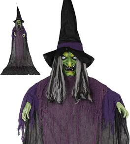 Winado - 12FT Halloween Giant Hanging Witch with Horror Scream, Light Scary Prop for Outdoor Holiday Yard Patio Garden Decoration - Dark Purple & Green
