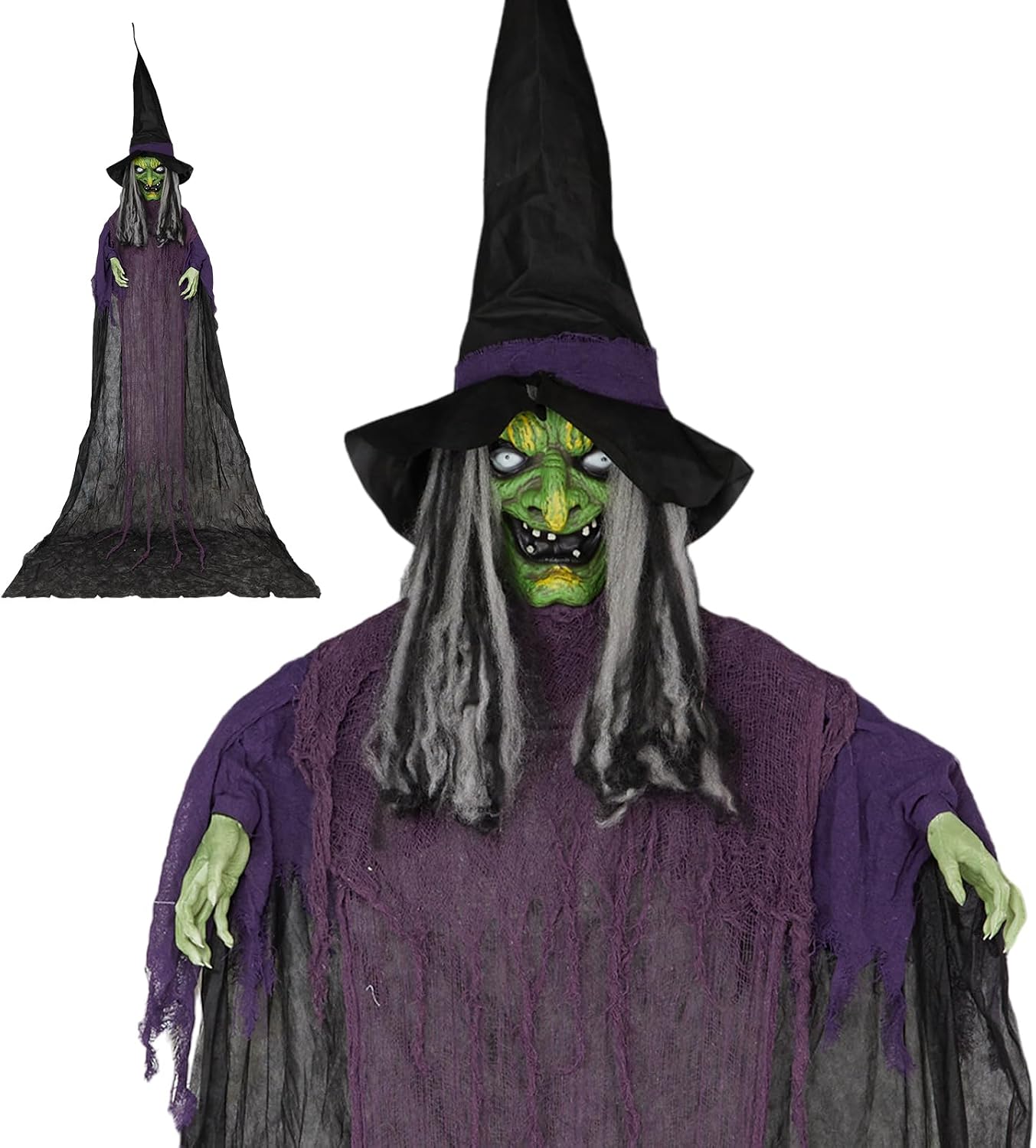 Front. Winado - 12FT Halloween Giant Hanging Witch with Horror Scream, Light Scary Prop for Outdoor Holiday Yard Patio Garden Decoration - Dark Purple & Green.