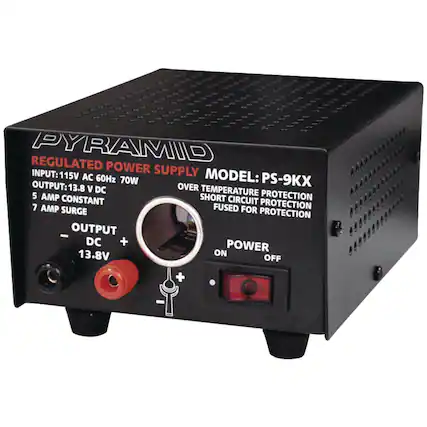 PYRAMID
REGULATED POWER SUPPLY
MODEL: PS-9KX
INPUT: 115V AC 60Hz 70W
OUTPUT: 13.8V DC
5 AMP CONSTANT
7 AMP SURGE
OVER TEMPERATURE PROTECTION
SHORT CIRCUIT PROTECTION
FUSED FOR PROTECTION
SURGE PROTECTION
OUTPUT DC +
13.8V
POWER
ON OFF