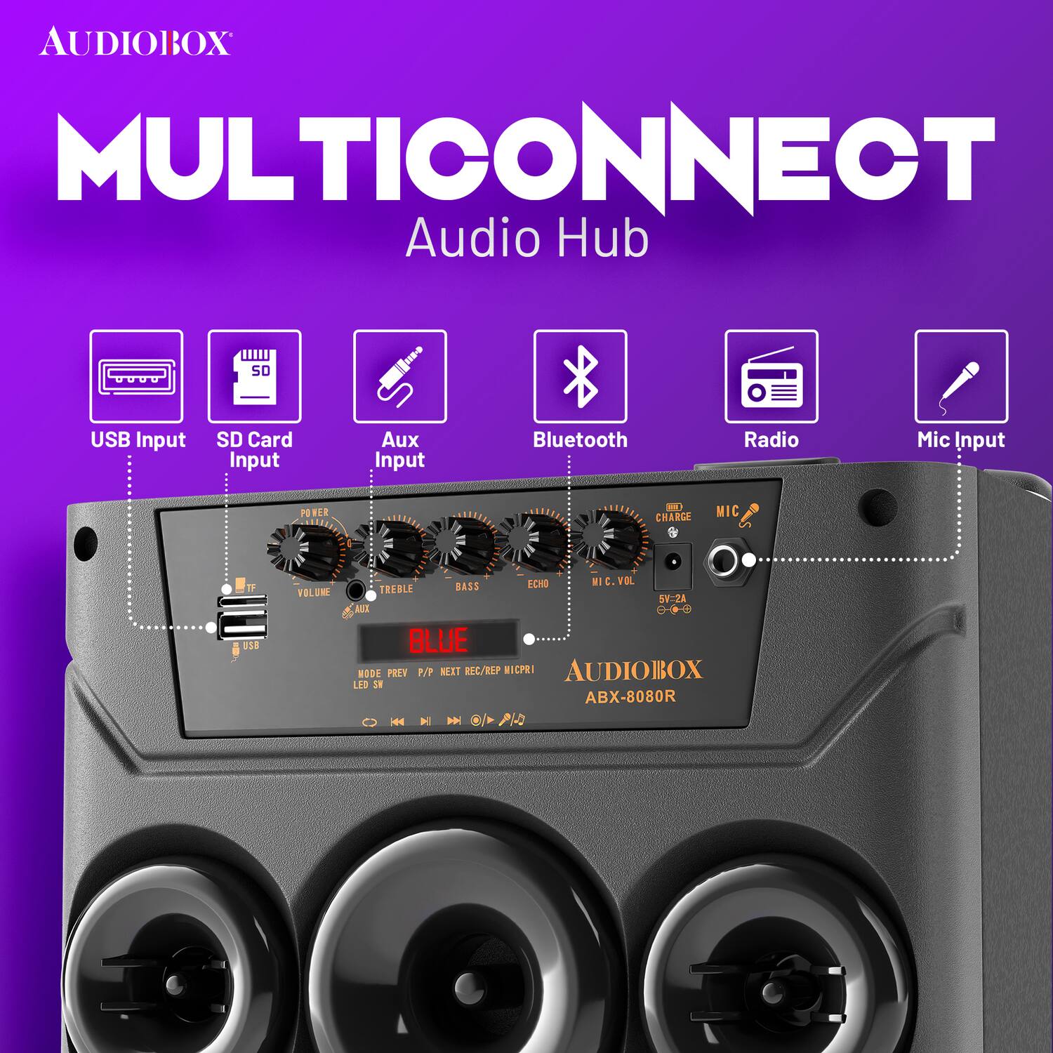 AUDIOBOX MULTICONNECT Audio Hub  
USB Input  
SD Card Input  
Aux Input  
Bluetooth  
Radio  
Mic Input  

POWER CHARGE  
MIC  
ECHO  
VOLUME  
TREBLE  
BASS  
MIC VOLUME  

BLUE  
MODE: P/P NEXT REC/REP MIC INPUT  
LED SH  

AUDIOBOX  
ABX-8080R