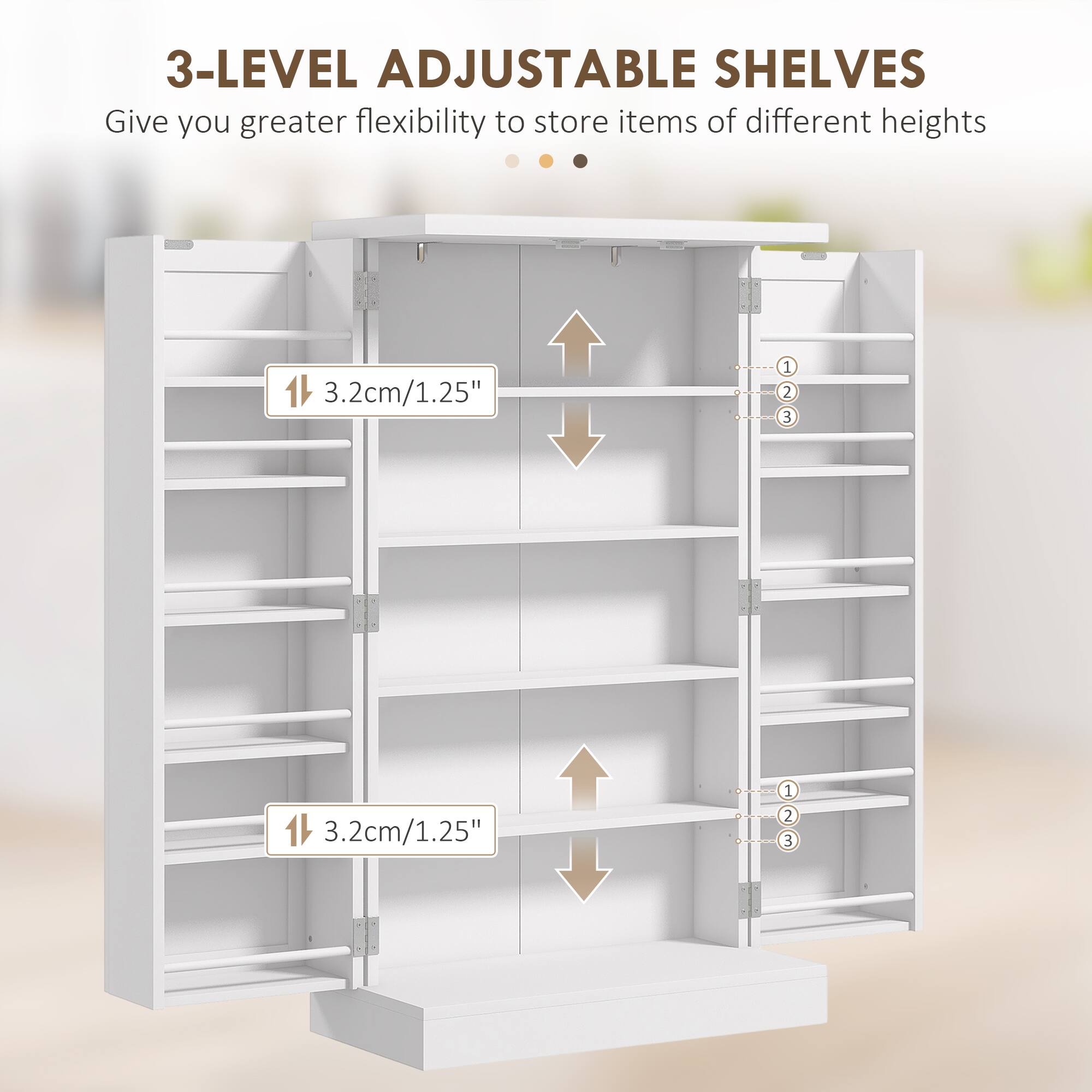 3-LEVEL ADJUSTABLE SHELVES, Give you greater flexibility to store items of different heights, 3.2cm/1.25", 1, 2, 3, 1, 3.2cm/1.25", 2, 3
