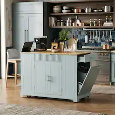 Front. Forest'nSky - Fluted Rolling Kitchen Island with Trash Can Cabinet, Power Outlet, 3 Drawers for 10-Gallon Bin, Grey Blue - Grey Blue.