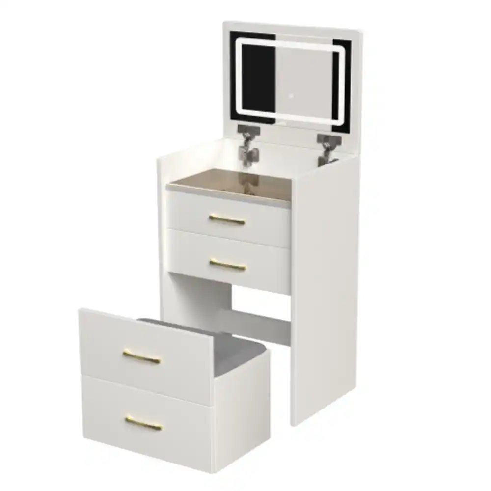 Alt View 5. LUCKY ONE - 3-in-1 Vanity Desk with Flip-up Mirror, Glass Desktop, 3 Drawers and Stool for Bedroom - White.