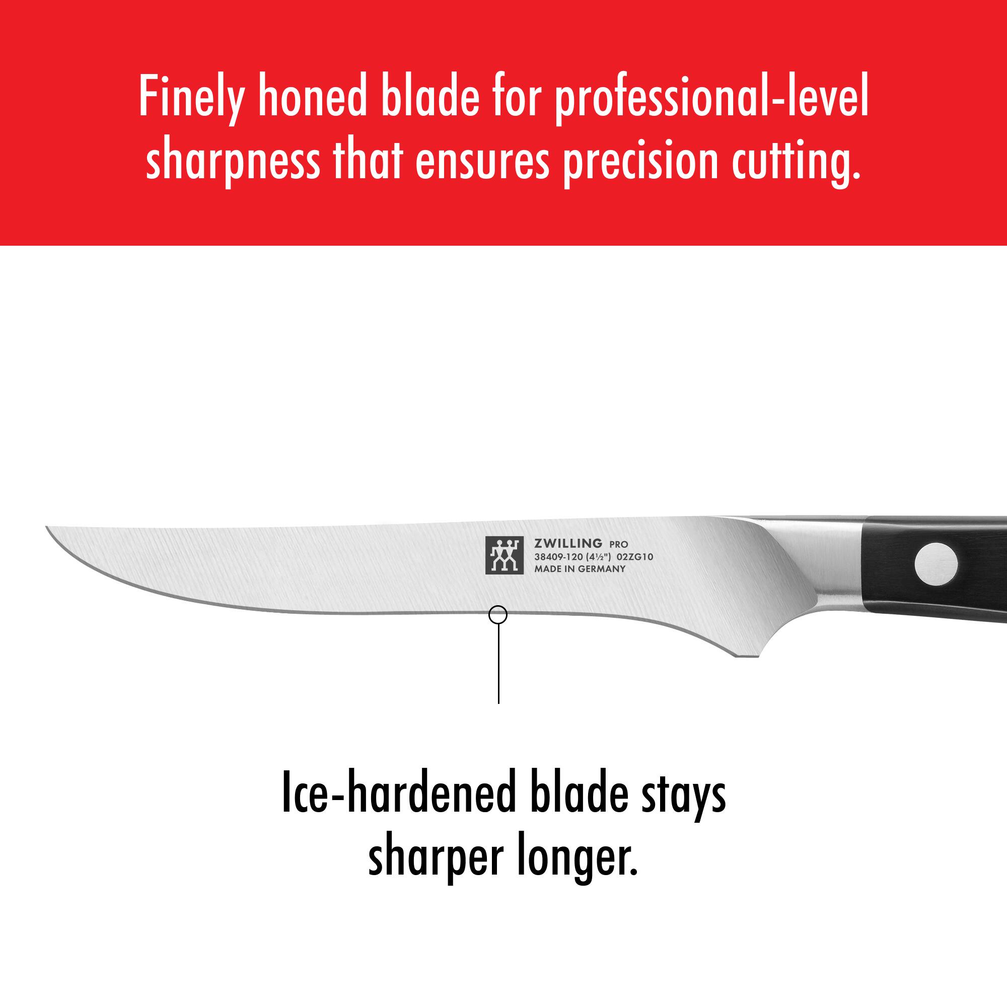 Finely honed blade for professional-level sharpness that ensures precision cutting.

Ice-hardened blade stays sharper longer.

ZWILLING PRO  
38409-120 (419") 022010  
MADE IN GERMANY