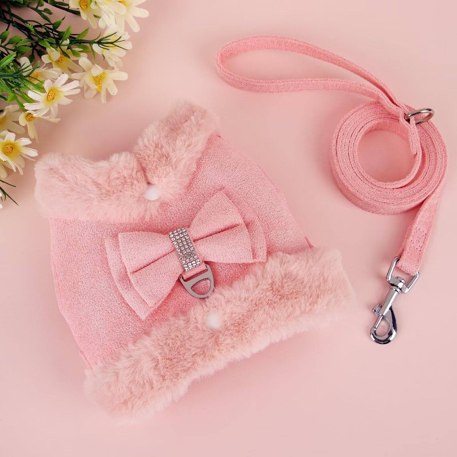Alt View 7. Paradigms Interiors - Dog Harness And Leash Set Winter Cute With Bow Tie Soft Padded Puppy Vest Removable Plush Collar For Xs Sized - Pink-S: Chest 15-18".