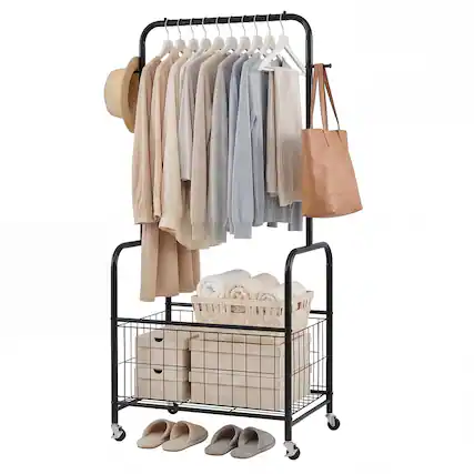 Front. Gymax - Gymax Rolling Clothes Rack w/Hanging Rod Side Hooks Storage Basket Lockable Wheels Black - Black.
