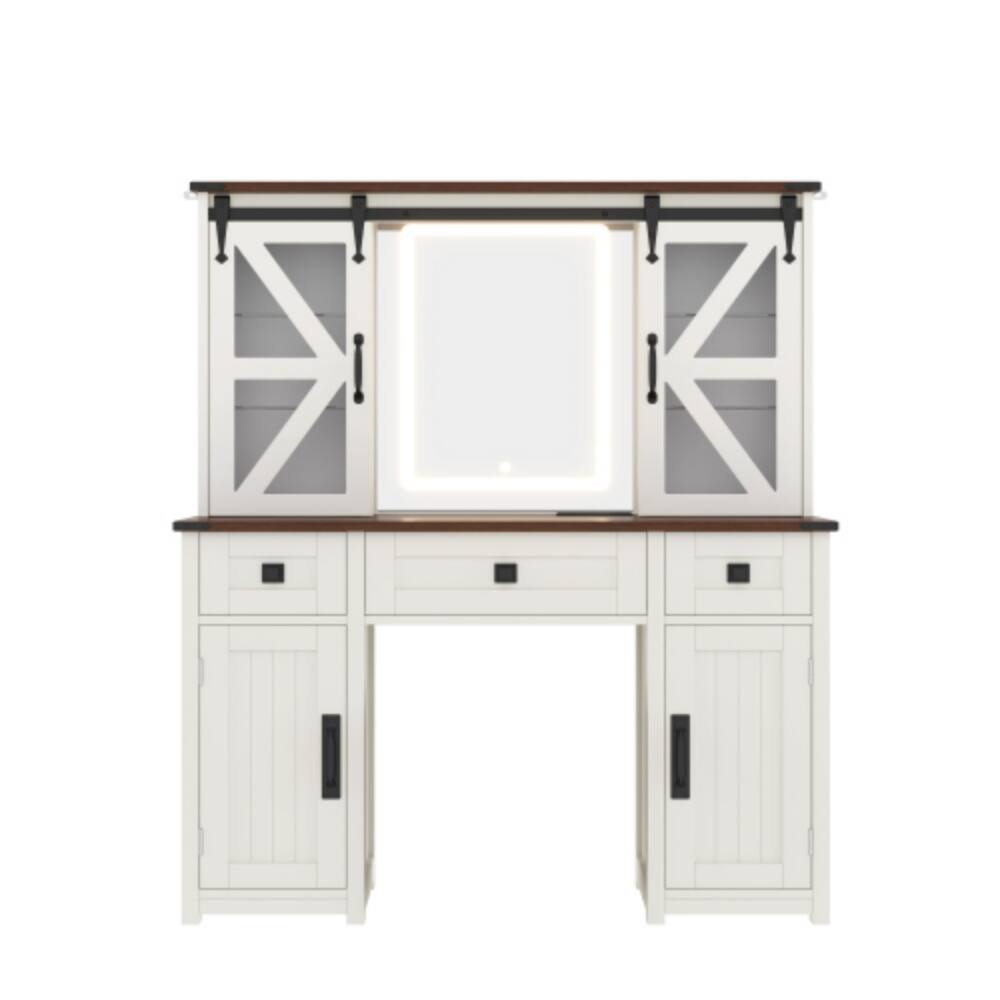 Alt View 4. LUCKY ONE - 43.3" Farmhouse Makeup Vanity Desk w/ Lighted Mirror Charging Station Barn Door - Beige.