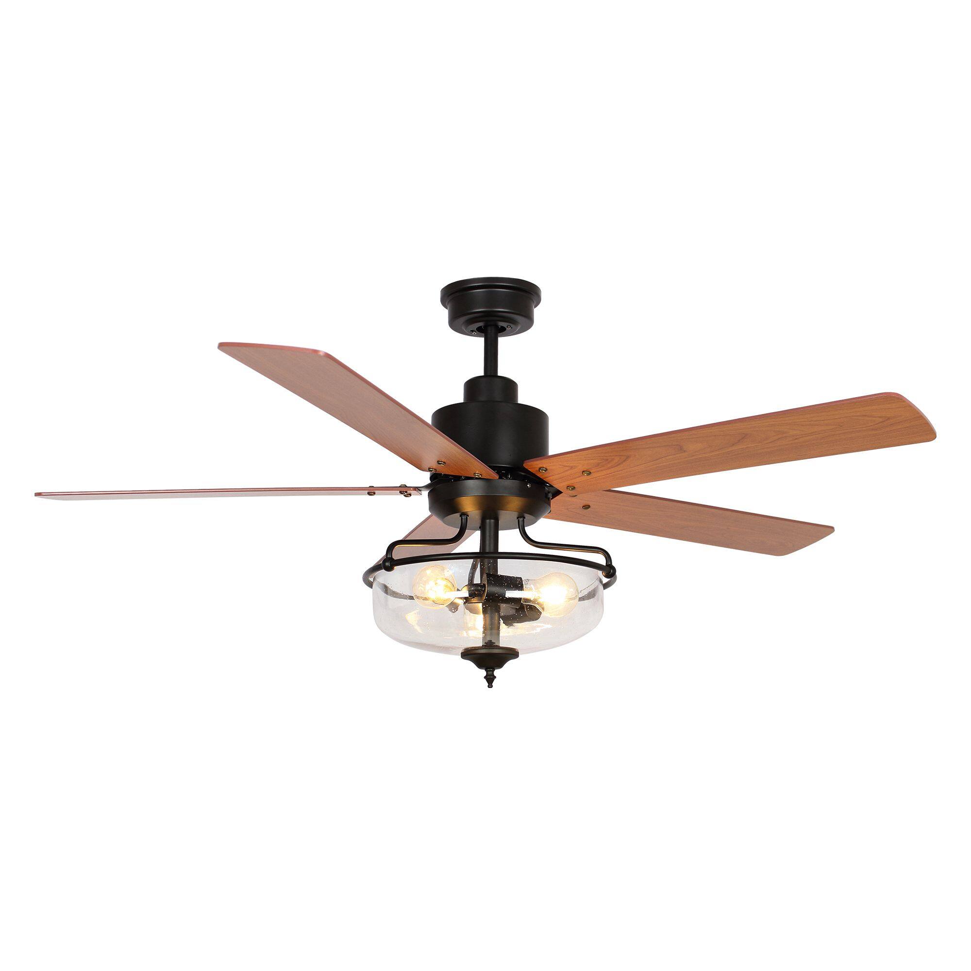 Back. Parrot Uncle - 52" Farmhouse 5-Blade Ceiling Fan with Remote Control and Glass Shade - Black.