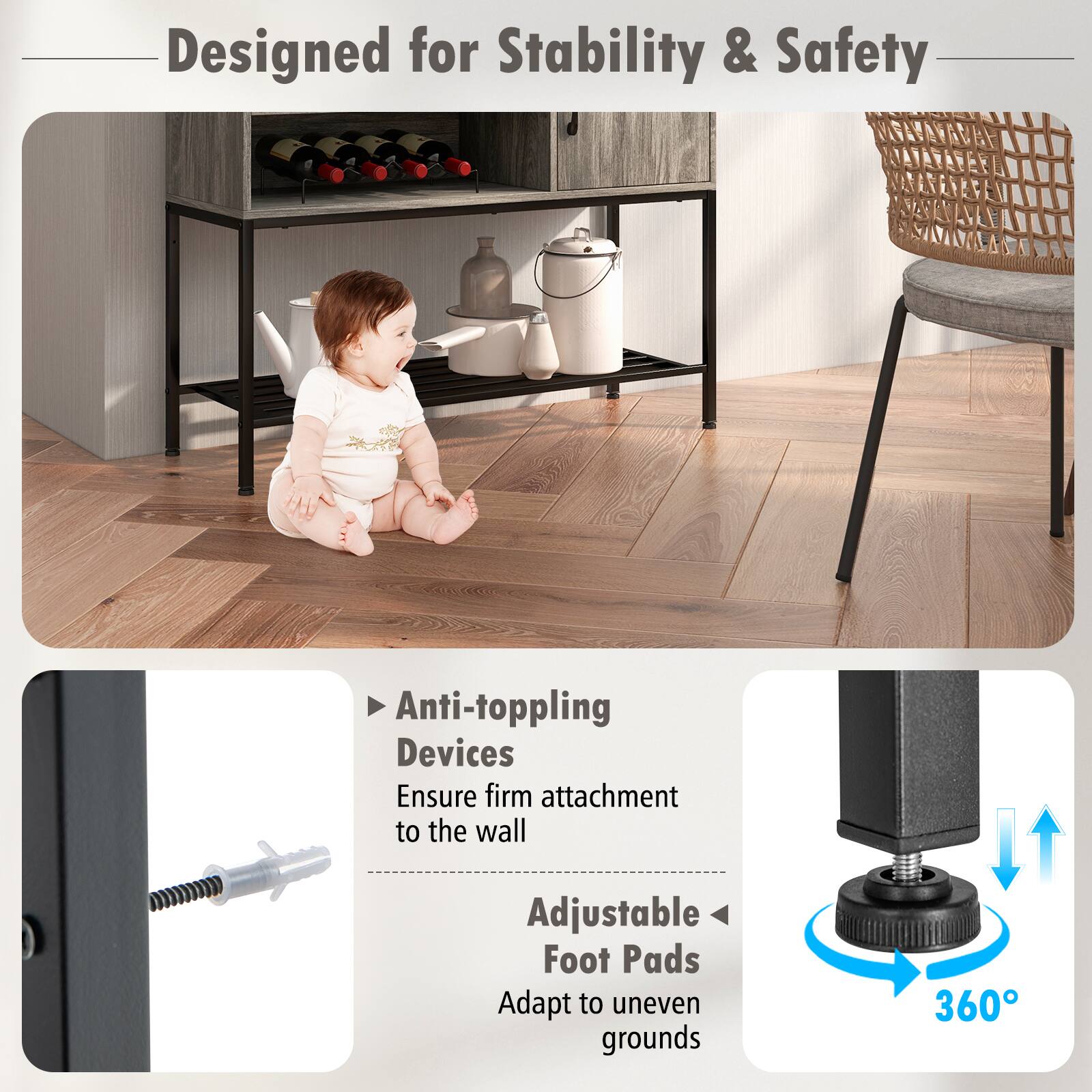 Designed for Stability & Safety

Anti-toppling Devices
Ensure firm attachment to the wall
Adjustable Foot Pads
Adapt to uneven grounds
360°