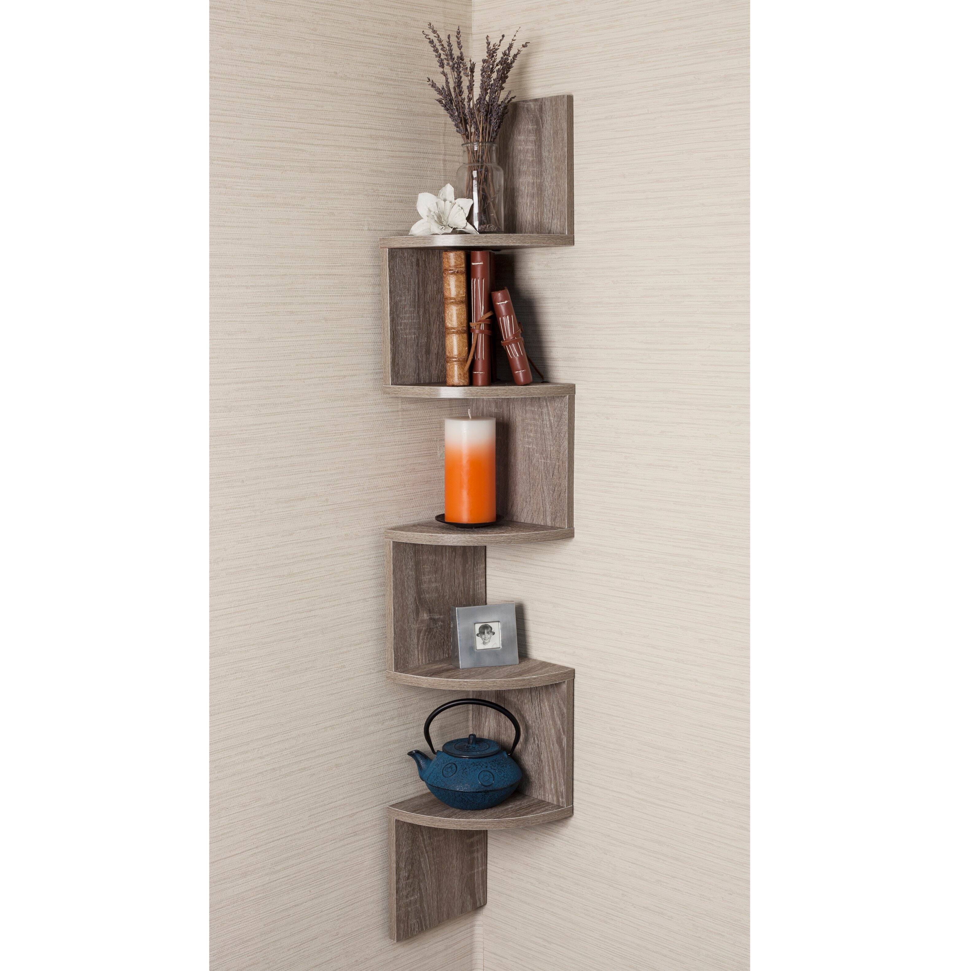 Angle. Danya B - Five Tier Corner Wall Shelf - Rustic - Beige.