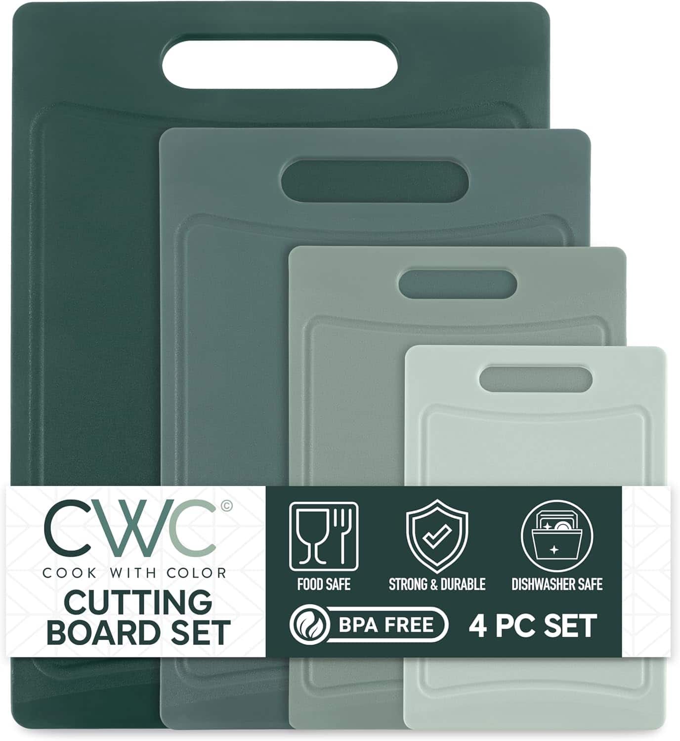 PARKER SLATER - COOK WITH COLOR 4pc Mint Cutting Board Set – Non-Slip, Easy Grip Hand