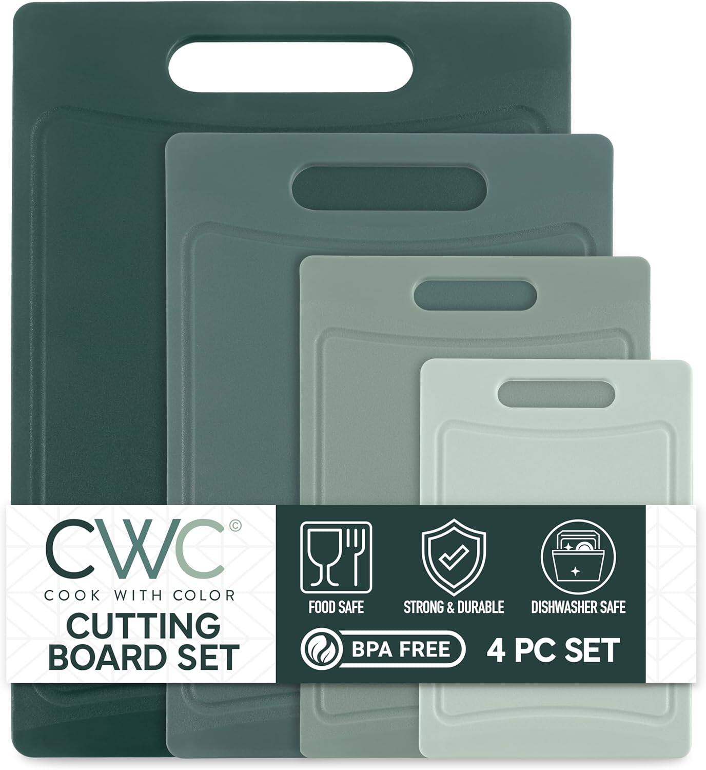 CWC  
Cook with Color  
Cutting Board Set  

Food Safe  
Strong & Durable  
Dishwasher Safe  
BPA Free  
4 PC Set