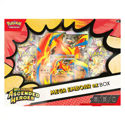 Pokémon Trading Card Game
Mega Evolution Ascended Heroes
Mega Emboar ex Box
6+
Includes: Promotional Card, Lenticular Card, Stickers
Pokémon
Trading Card Game
6+
Mega Emboar ex
380
This Pokémon is 320
Crimson Blast
320
Mega Evolution Center