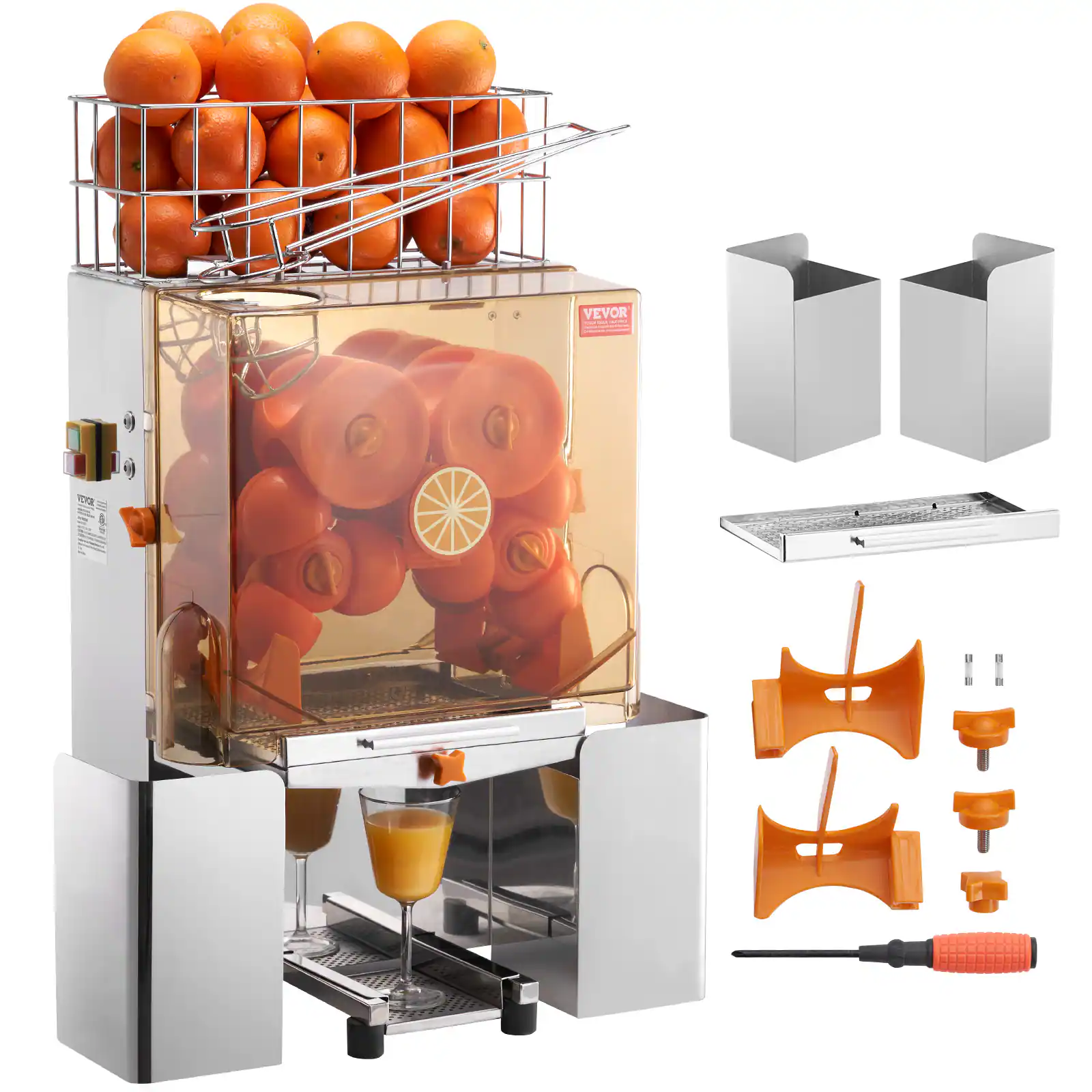 Front. VEVOR - Commercial Orange Juicer Machine,120W Automatic Juice Extractor,Stainless Steel Orange Squeezer for 20 Oranges/Minute - Orange + stainless steel.