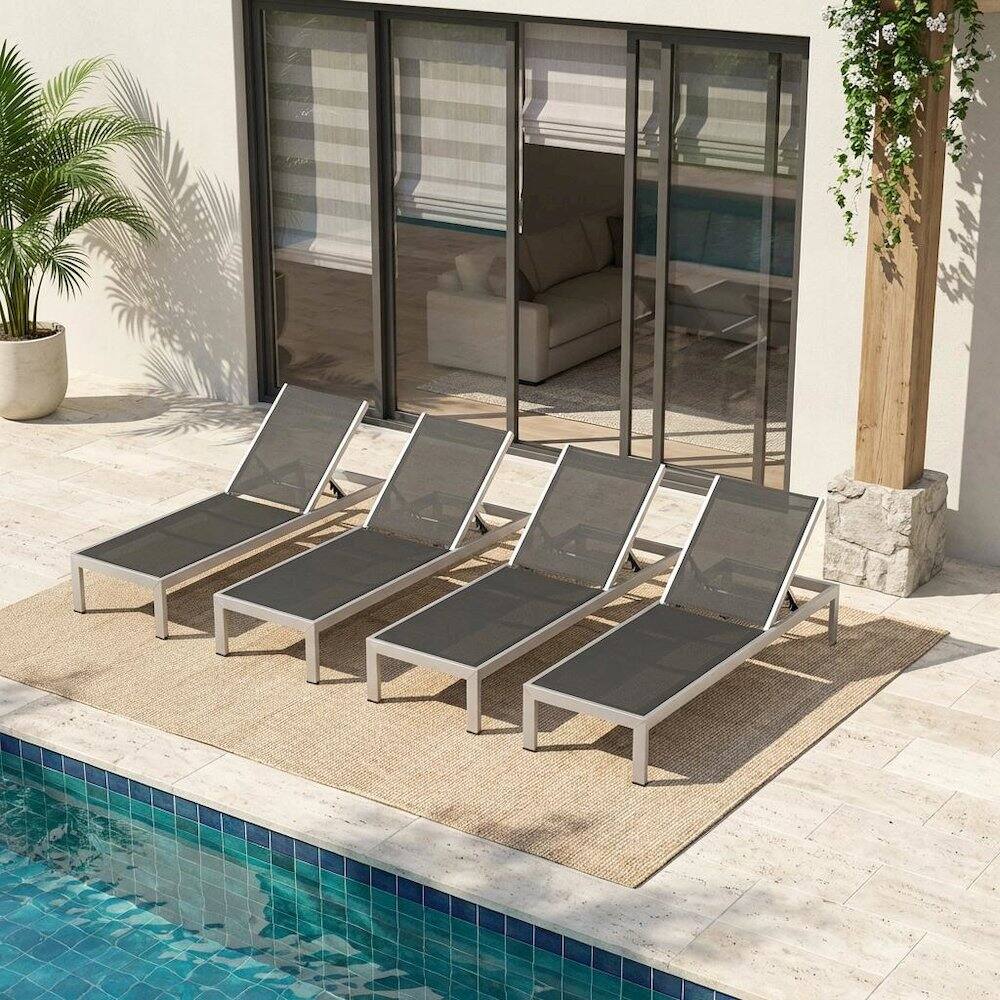 Angle. Outdoor Escape - Aluminum Patio Chaise Lounge Set Of 4 With Comfortable Backrests - Black.