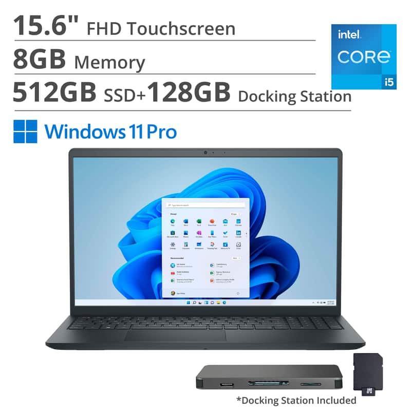 Dell - 15.6" 2K Touch Laptop,Intel i5 1334U,8GB RAM,512GB SSD+160GB Dock Set,Intel UHD GPU,Numeric Pad,Win 11 Pro - Black