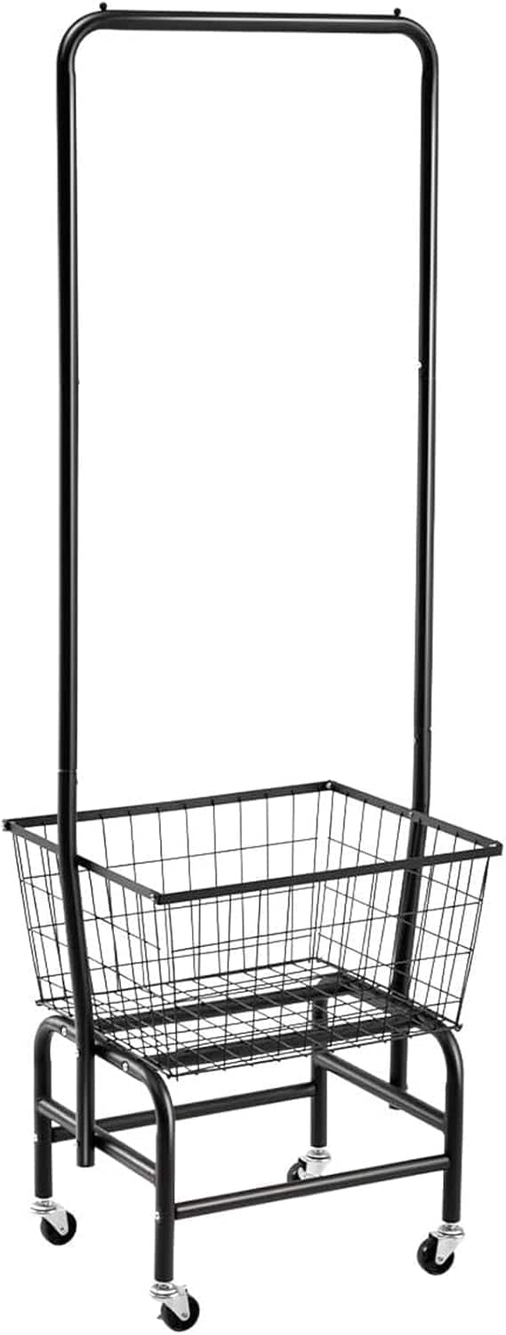 DORLUKFU - Laundry Cart with Clothes Rack, Rolling Laundry Butler with Wire Storage Rack， - Black