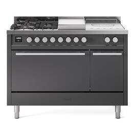 ILVE - Professional Plus II Series 48 in. Dual Fuel Range with 5 Sealed Burners + Griddle (Natural Gas, Satin Trim) - Graphite Matte