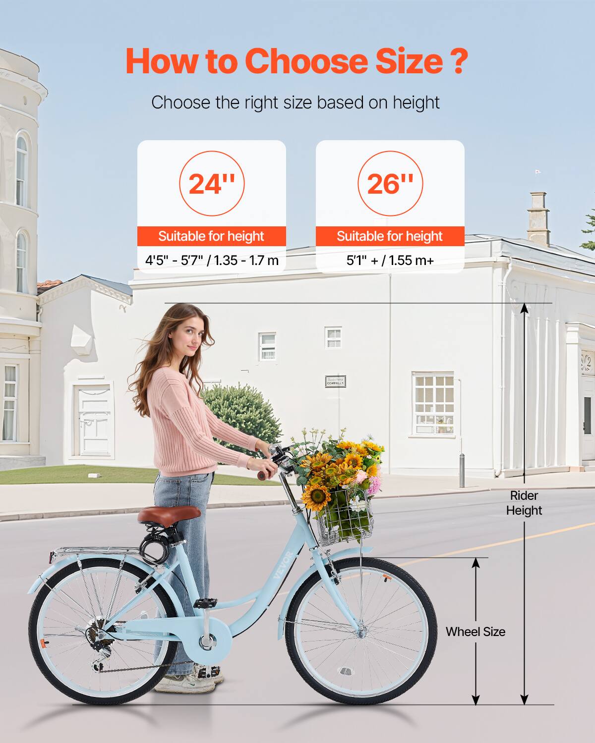 How to Choose Size? Choose the right size based on height

24" Suitable for height 4'5" - 5'7" /1.35 - 1.7 m

26" Suitable for height 5'1" + /1.55 m+

Rider Height

Wheel Size