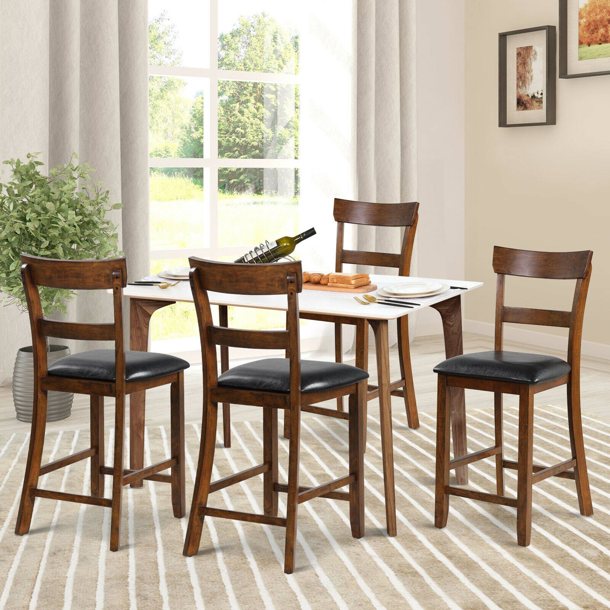 Alt View 2. Gymax - Gymax Set of 4 Barstools Counter Height Chairs w/Leather Seat & Rubber Wood Legs - Brown,Black.