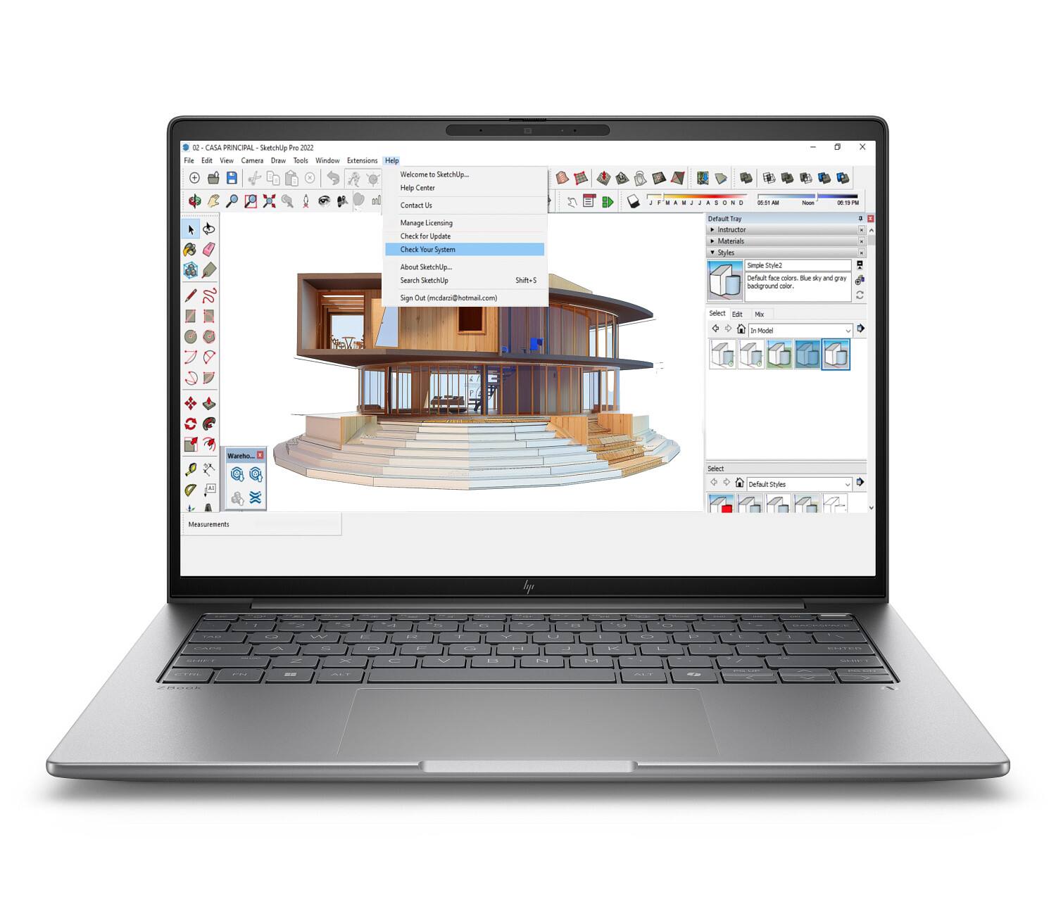 CASA PRINCIPAL - SketchUp Pro 2023

File Edit View Camera Draw Tools Window Extensions Help

Welcome to SketchUp...

Help Center
Contact Us
Manage Licensing
Check for Updates
Check for System
About SketchUp...
Search SketchUp...
Sign Out (danielc@hotmail.com)

Default Tray
Materials
Styles
Default for colors: Blue and grey background color...

Select
Edit
Move
Rotate
Scale
Measurements