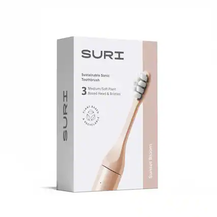 SURI Sustainable Sonic Toothbrush Medium/Soft Plant-Based Head & Bristles. Plant-Based. #EcoCycleable. Bloom Sunset.