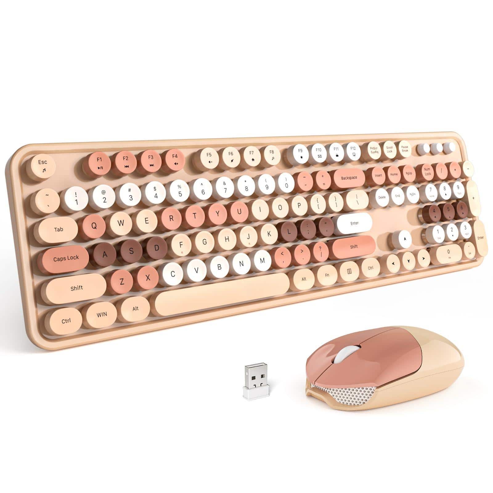 Live At Space - Wireless And Mouse Combo Retro With Round Keycaps hz Dropout-free Connection Cute Usb For Pc/laptop/windows Xp/7/8/10 - Milk Tea