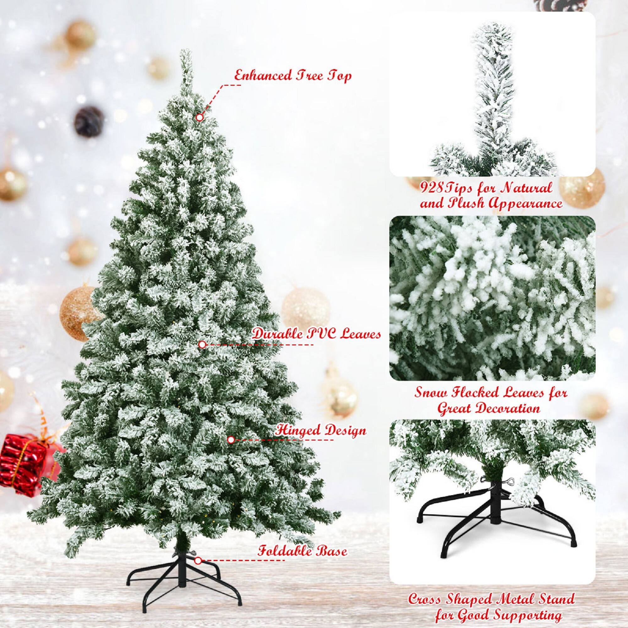 Costway 6FT Snow Flocked Artificial Christmas Tree Hinged w/928 Tips