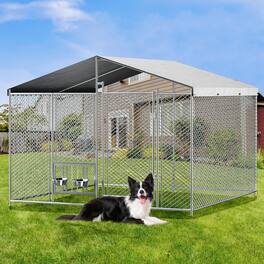 Siljoy - Outdoor Dog Kennel with Roof, Heavy Duty Metal Coop with 2 Rotating Bowls & Secure Lock for Farm
