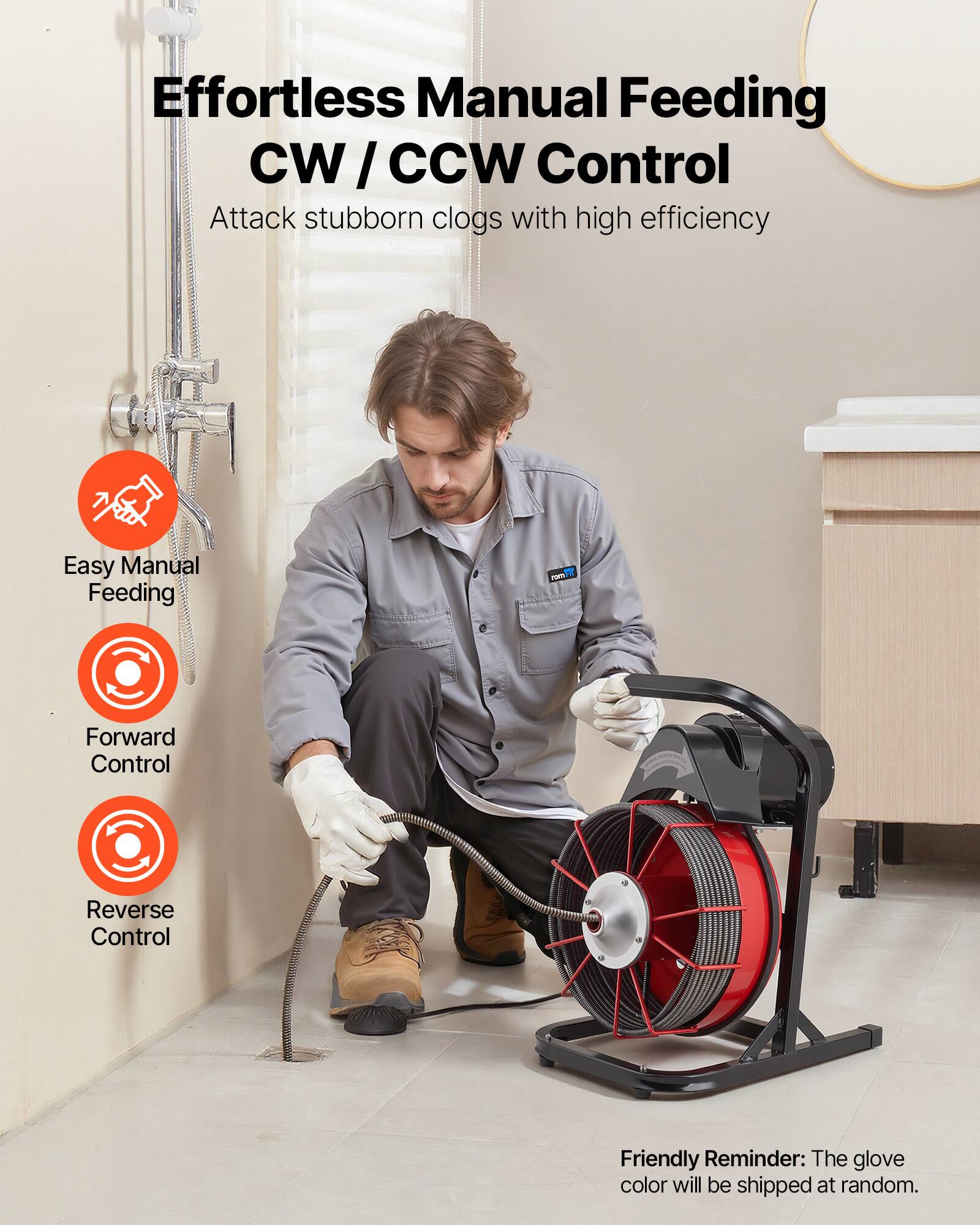 Effortless Manual Feeding CW/CCW Control  
Attack stubborn clogs with high efficiency  

Easy Manual Feeding  
Forward Control  
Reverse Control  

Friendly Reminder: The glove color will be shipped at random.