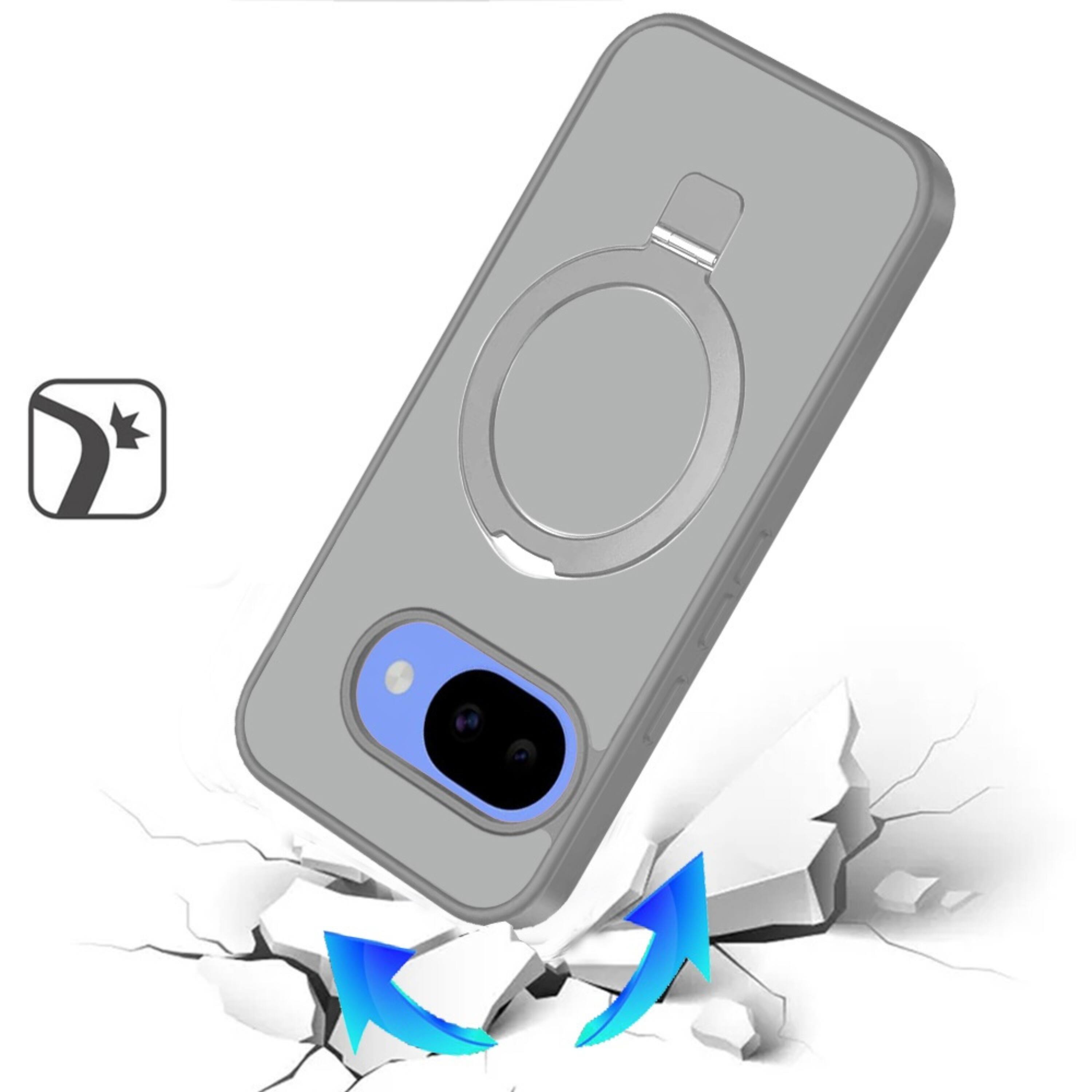 Angle. Kitcheniva - Matte Finish Metal Circle Ring Stand Rugged Cover Phone Case With Tempered Glass For Google Pixel 10a Grey - Gray.