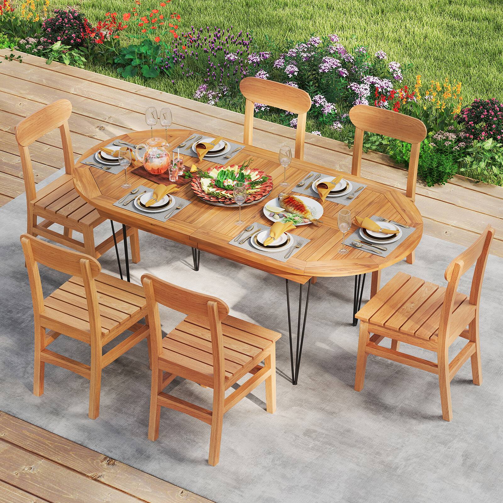 Alt View 8. Gymax - Gymax 71'' Patio Dining Table 6 Person Large Oval Table w/ Teak Wood Tabletop - Natural, Black.