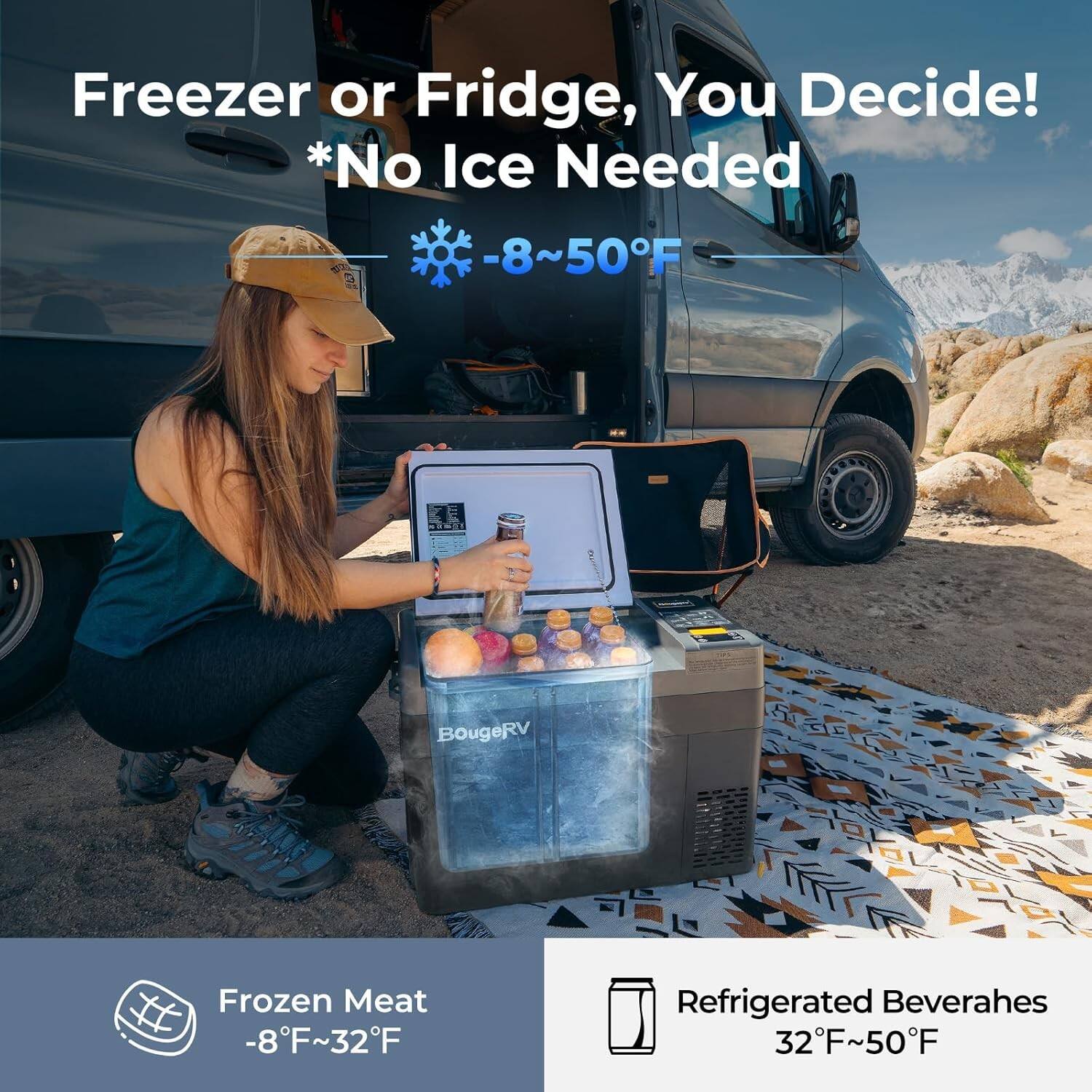 Freezer or Fridge, You Decide!  
*No Ice Needed  
-8°F ~ 50°F  

Frozen Meat  
-8°F ~ 32°F  

Refrigerated Beverages  
32°F ~ 50°F