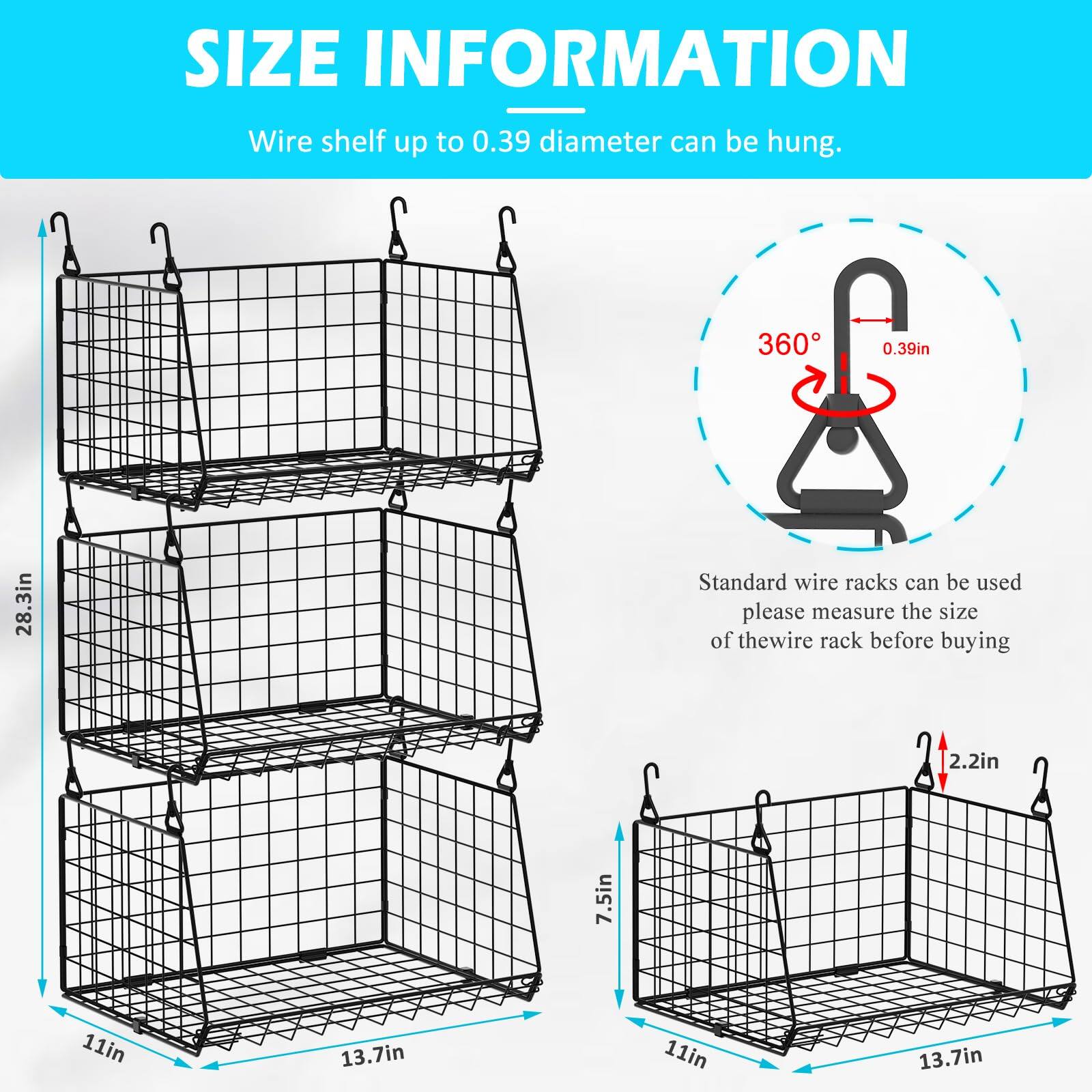 **SIZE INFORMATION**

Wire shelf up to 0.39 diameter can be hung.

- 360°
- 0.39in

Standard wire racks can be used. Please measure the size of the wire rack before buying.

- 28.3in
- 11in
- 13.7in

- 7.5in
- 2.2in
- 11in
- 13.7in