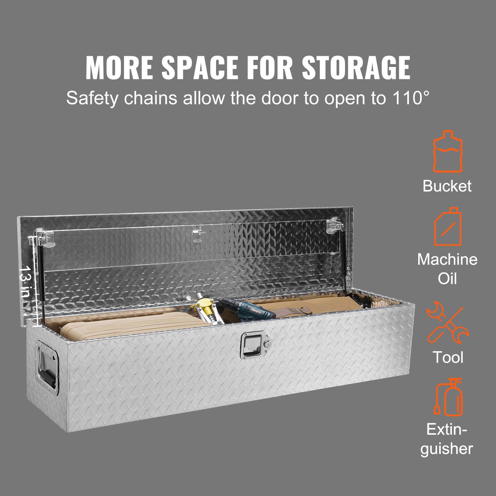 MORE SPACE FOR STORAGE  
Safety chains allow the door to open to 110°

- Bucket
- Machine Oil
- Tool
- Extinguisher