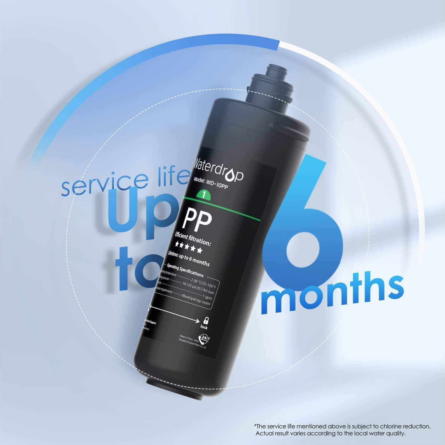 service life Materdrop Model: WD-10PP 1 Up Eflicient PP filtration: 6 ine up to 6 months Specifications - 2% 230 D a 035-100 A6 100F months Tad Municipul 1 140 m water Back 274/ *The service life mentioned above is subject to chlorine reduction. Actual result varies according to the local water quality.