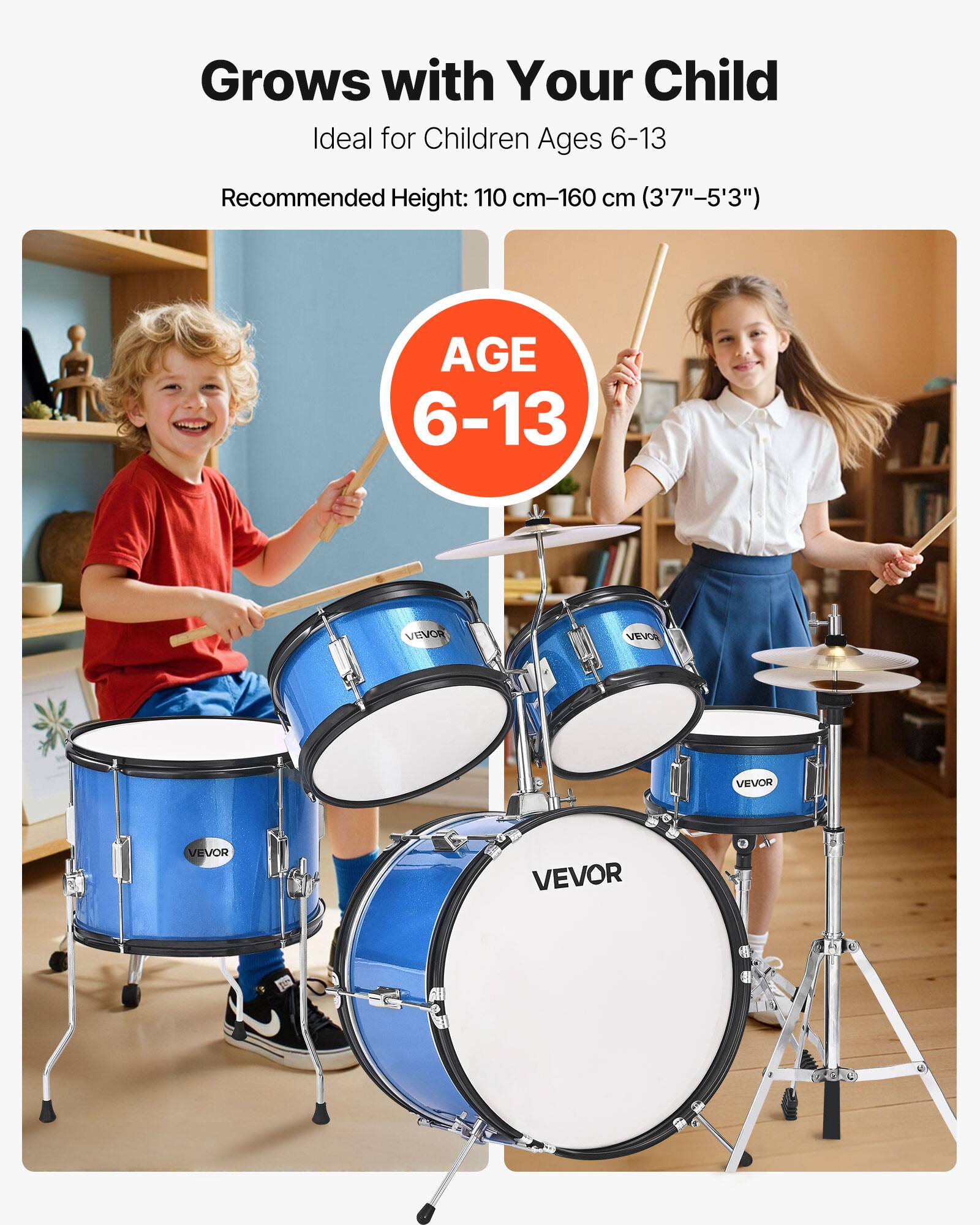 Grows with Your Child  
Ideal for Children Ages 6-13  
Recommended Height: 110 cm-160 cm (3'7"-5'3")  

AGE 6-13  

VEVOR