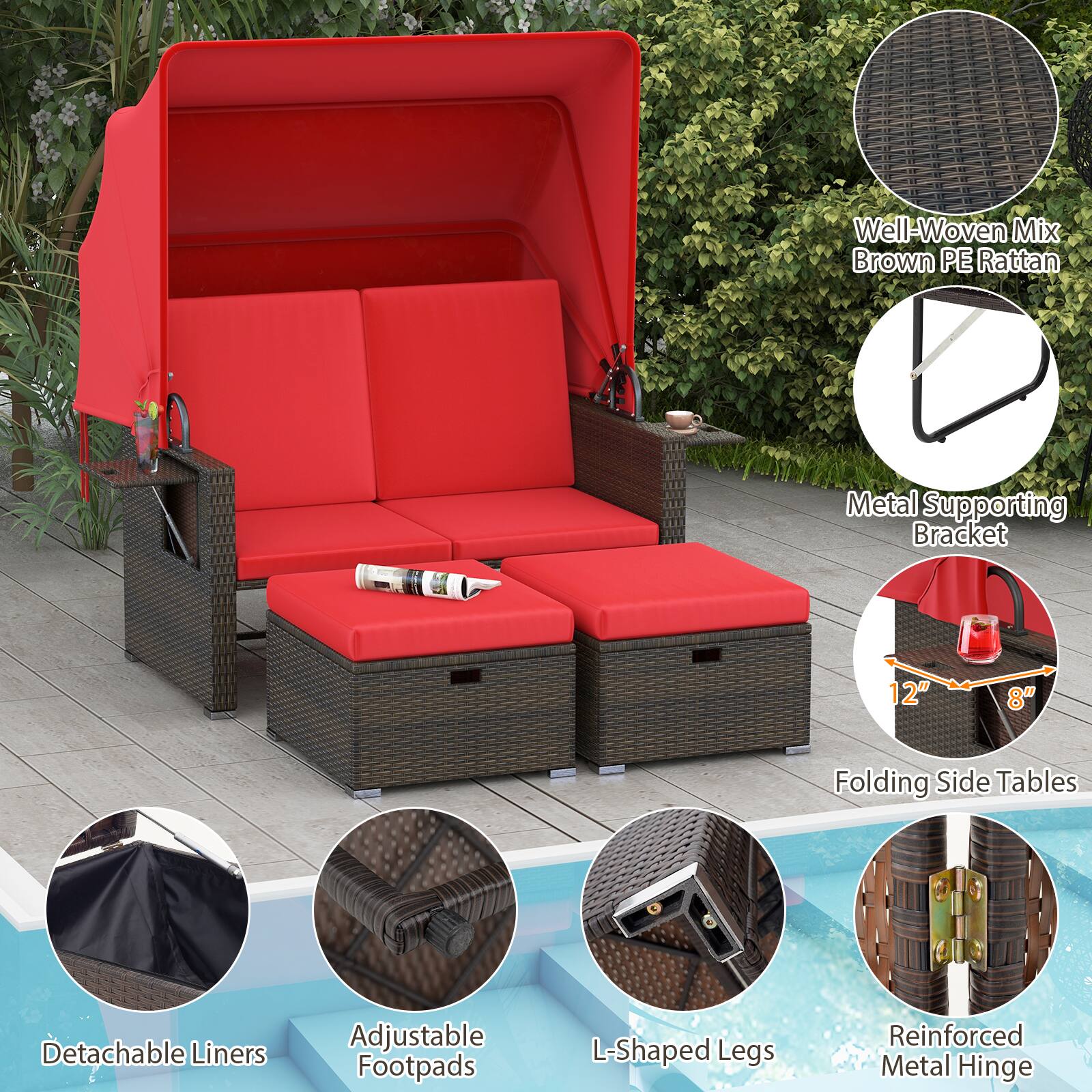 - Well-Woven Mix Brown PE Rattan
- Metal Supporting Bracket
- Folding Side Tables (12" x 8")
- Detachable Liners
- Adjustable Footpads
- L-Shaped Legs
- Reinforced Metal Hinge