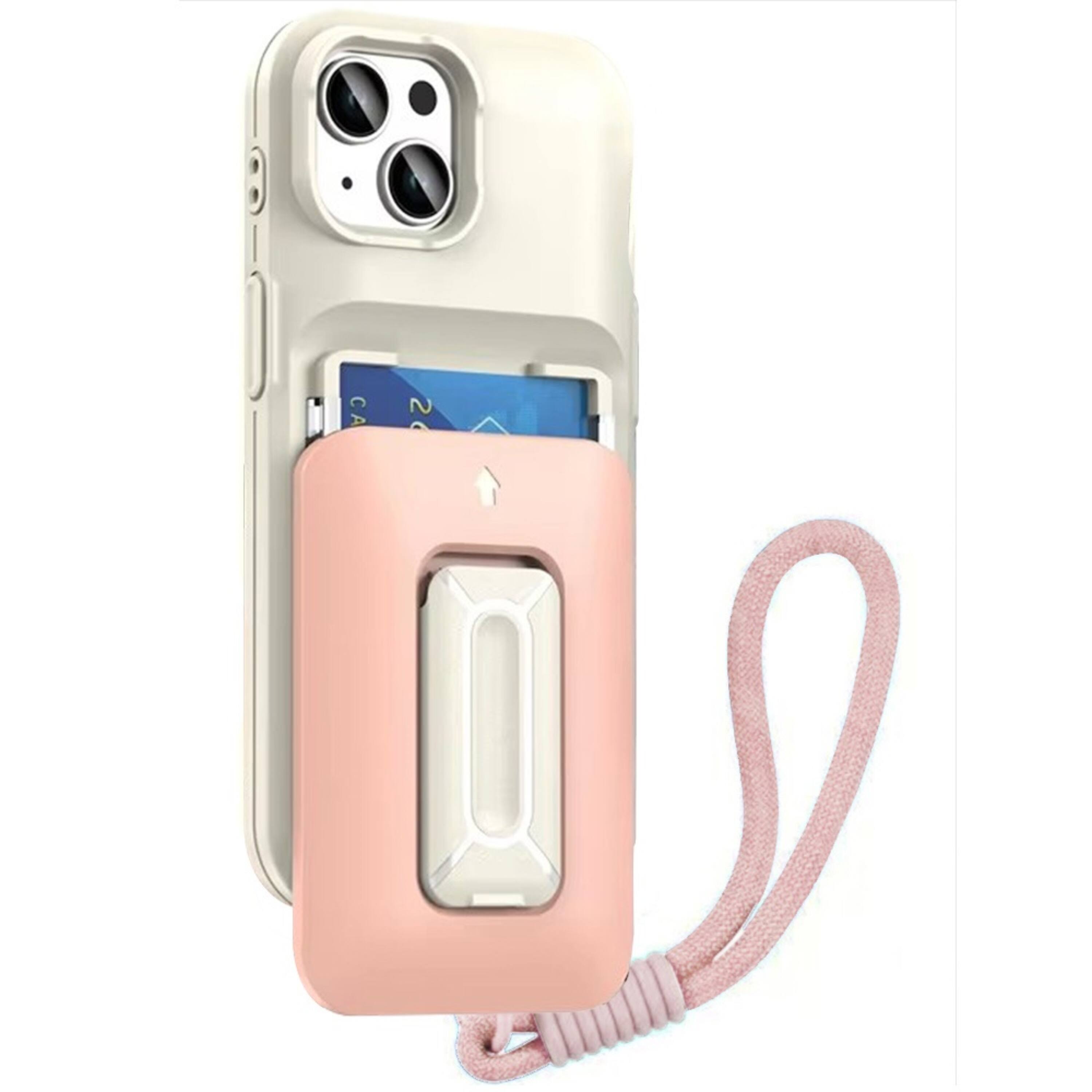 Angle. Kitcheniva - Card Holder Kickstand And Strap Phone Case With Tempered Glass For iPhone 13/14 Beige Light Pink - Beige+Light Pink.