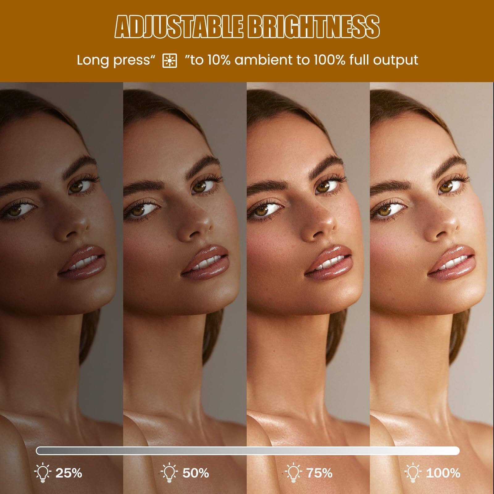 ADJUSTABLE BRIGHTNESS

Long press "to 10% ambient to 100% full output

25% 50% 75% 100%