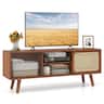 Costway - Modern TV Stand Entertainment Center Media Console with Rattan Glass Sliding Doors - Brown