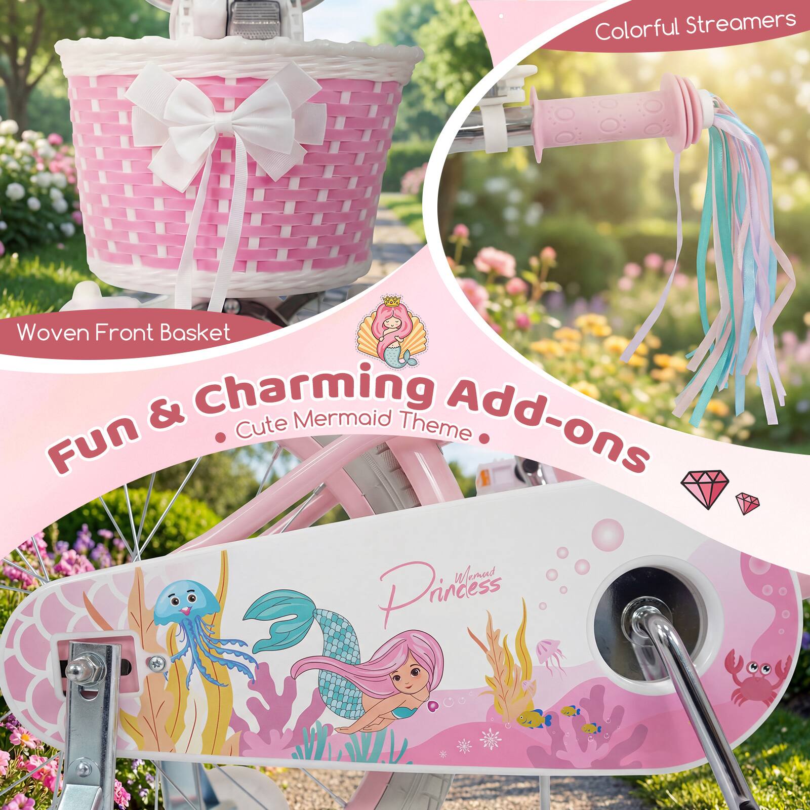 Colorful Streamers  
Woven Front Basket & Charming Cute Mermaid Theme Add-ons  
Fun & Charming Add-ons  
- Cute Mermaid Theme  
- Colorful Streamers  
- Woven Front Basket